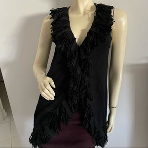 Long Black sleeveless cardigan vest with fringed trim